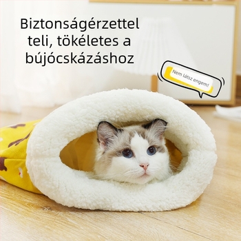 Téli meleg, teljesen zárt macskafészek alagúttal és hálózsákkal