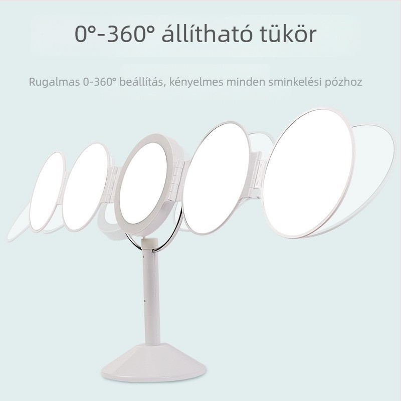 Új, többoldalú sminktükör LED-del, 360°-os megvilágítással, összecsukható ötoldalas tükör a precíz sminkeléshez