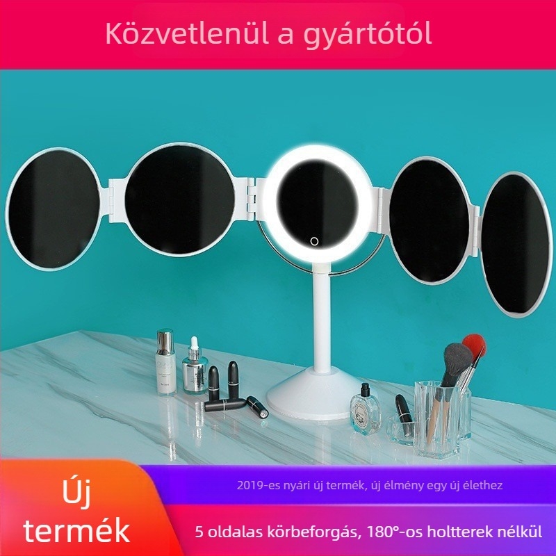 Új, többoldalú sminktükör LED-del, 360°-os megvilágítással, összecsukható ötoldalas tükör a precíz sminkeléshez