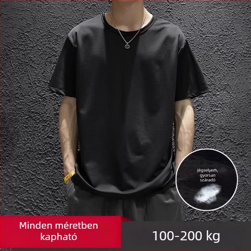 Férfi nyári ice silk rövid ujjú póló, bő szabás, vékony, gyorsan száradó, hálós textúra