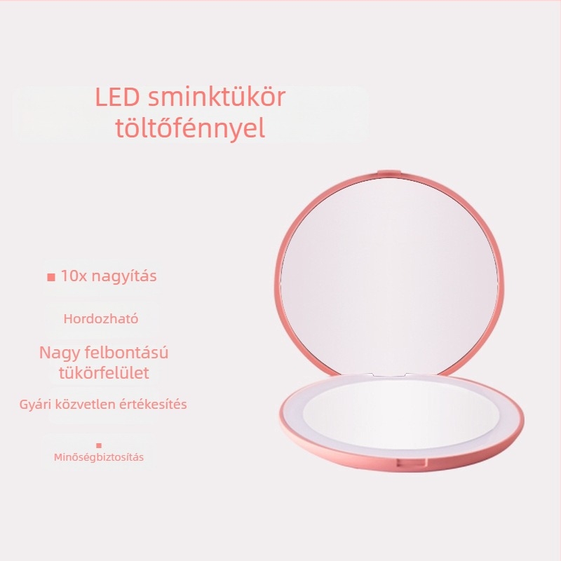 LED smink tükör, hordozható, világító hajtogatható tükör, 10× nagyítás