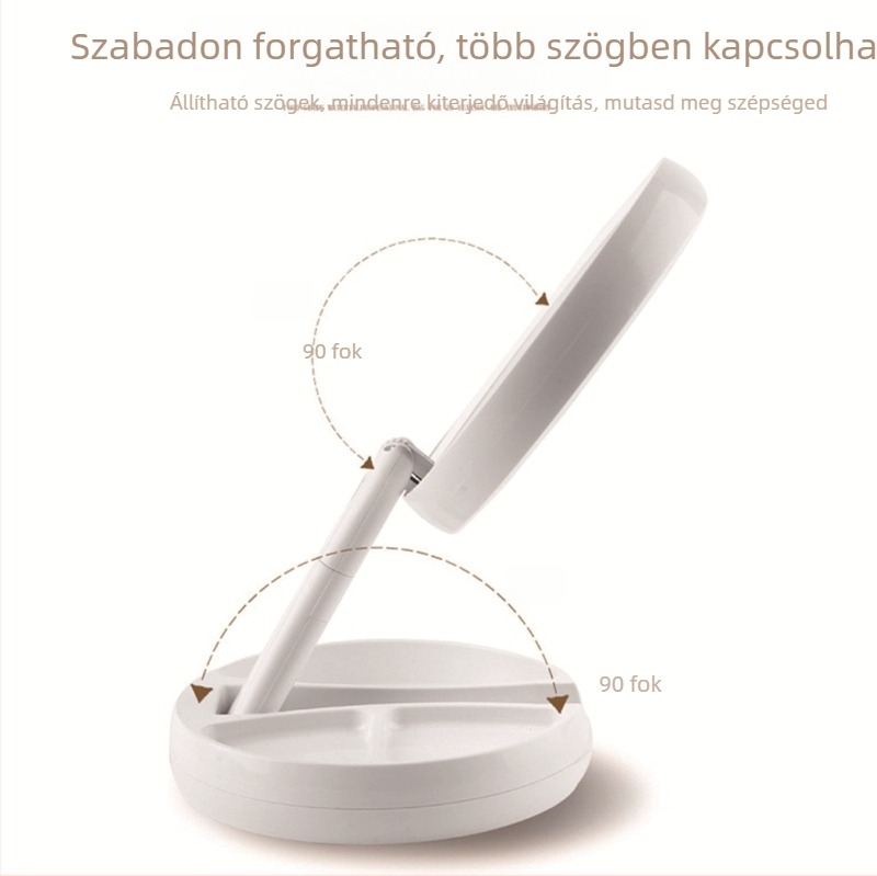 Hordozható LED-es sminktükör függőleges, kétoldalas, nagyítóval, összecsukható.