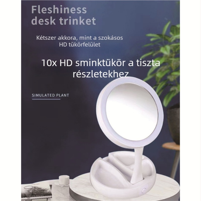 Hordozható LED-es sminktükör függőleges, kétoldalas, nagyítóval, összecsukható.