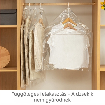 Függő tömörítő zacskók pehelykabátok tárolására — vákuum, nedvesség- és porálló, helytakarékos (67×90 cm / 67×10 cm)