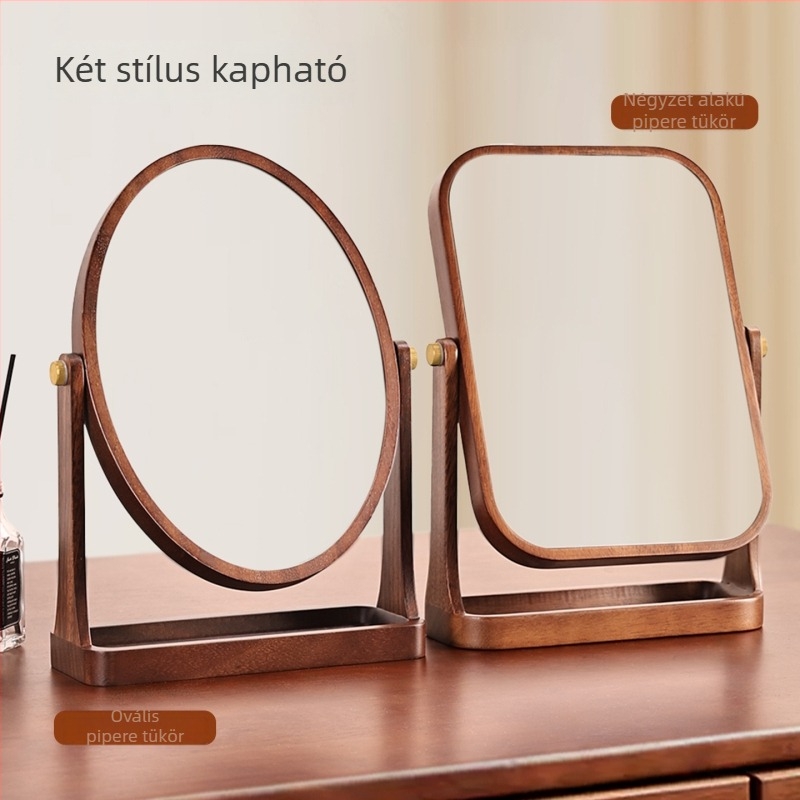 Diófából készült asztali kozmetikai tükör forgatható állvánnyal, retro sminktükör otthonra