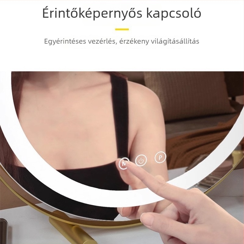 LED sminktükör, függőleges, kör alakú, asztali, hálózati táplálás, forgatható fény
