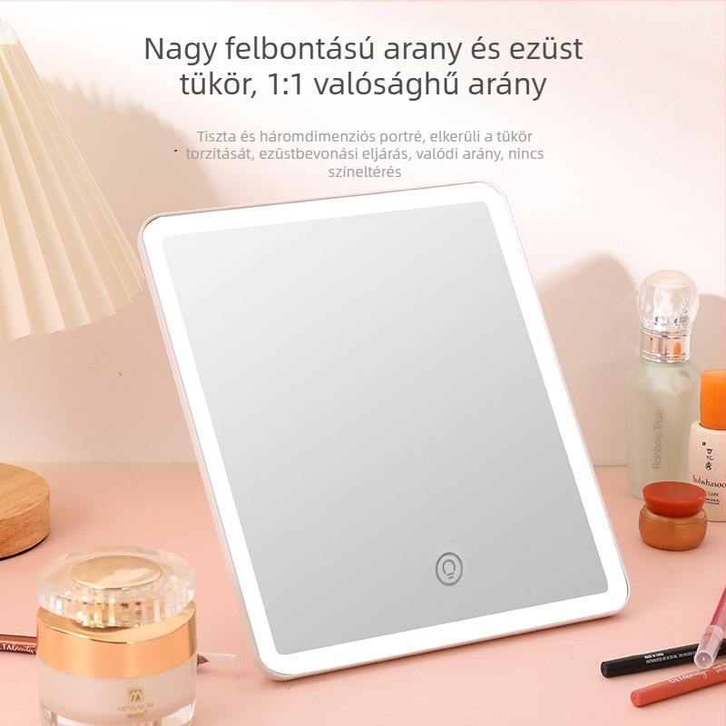 Testreszabható négyzetes LED sminktükör, 360°-os forgás, háromszínű LED, állítható érintéses kapcsoló és állvánnyal világítás