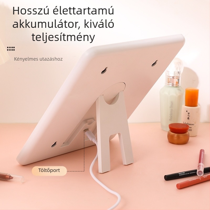 Testreszabható négyzetes LED sminktükör, 360°-os forgás, háromszínű LED, állítható érintéses kapcsoló és állvánnyal világítás