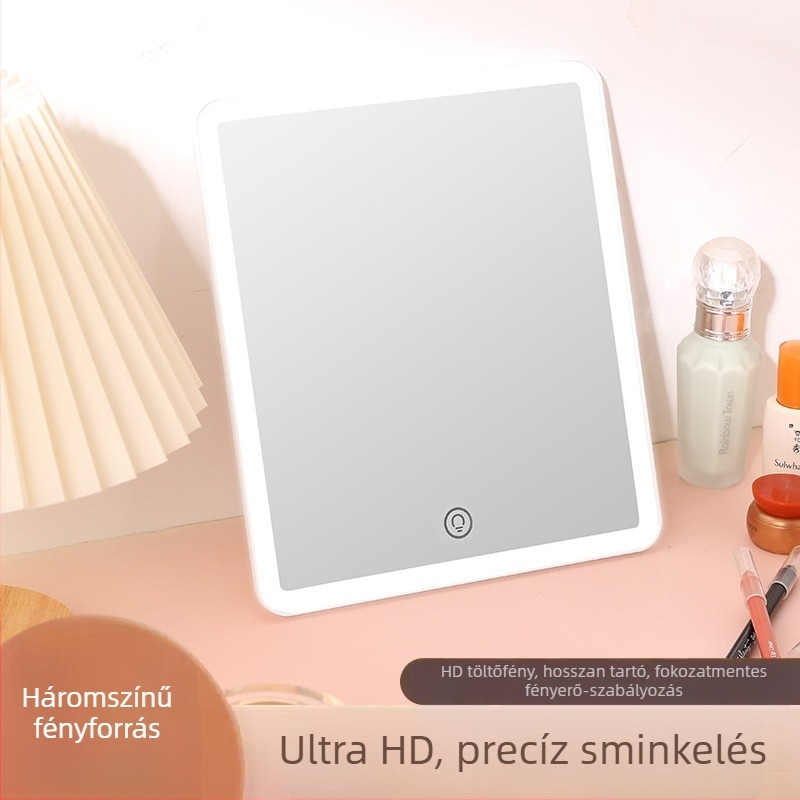 Testreszabható négyzetes LED sminktükör, 360°-os forgás, háromszínű LED, állítható érintéses kapcsoló és állvánnyal világítás
