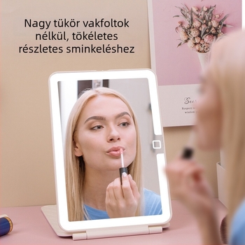 Asztali LED sminktükör bőr textúrájú kerettel, összecsukható kivitelben beépített világítással