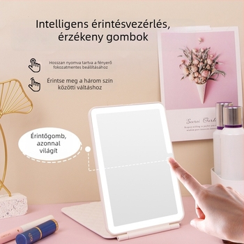 Asztali LED sminktükör bőr textúrájú kerettel, összecsukható kivitelben beépített világítással
