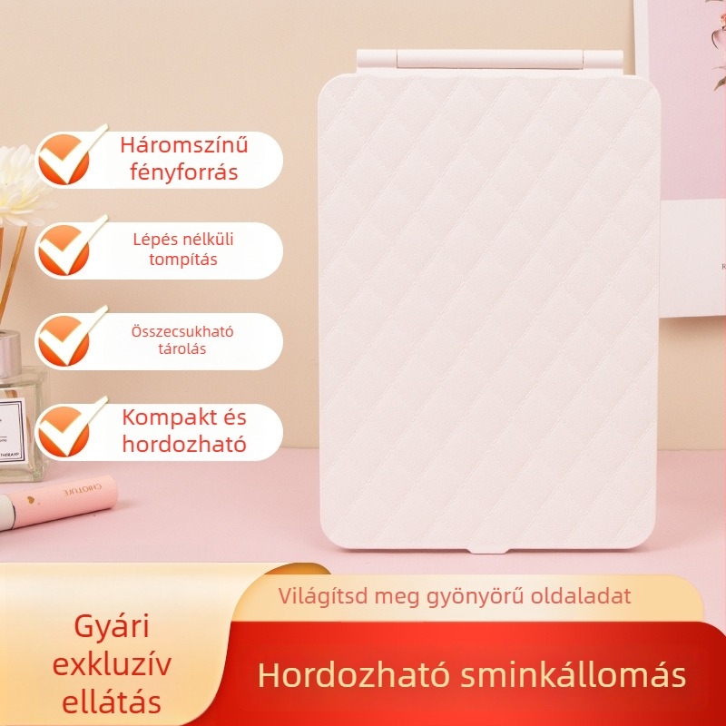 Asztali LED sminktükör bőr textúrájú kerettel, összecsukható kivitelben beépített világítással