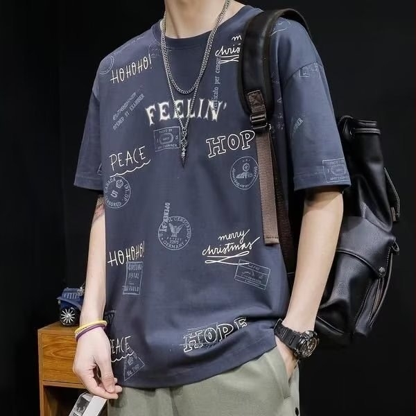 Férfi nyári rövid ujjú póló jégselyem anyagból, laza szabás, trendi streetwear stílus