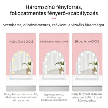 Hollywood-stílusú háromszínű LED sminktükör, asztali mosdótükör