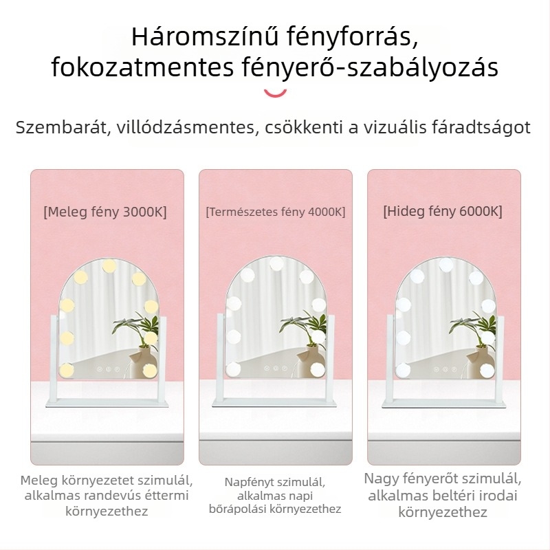 Hollywood-stílusú háromszínű LED sminktükör, asztali mosdótükör