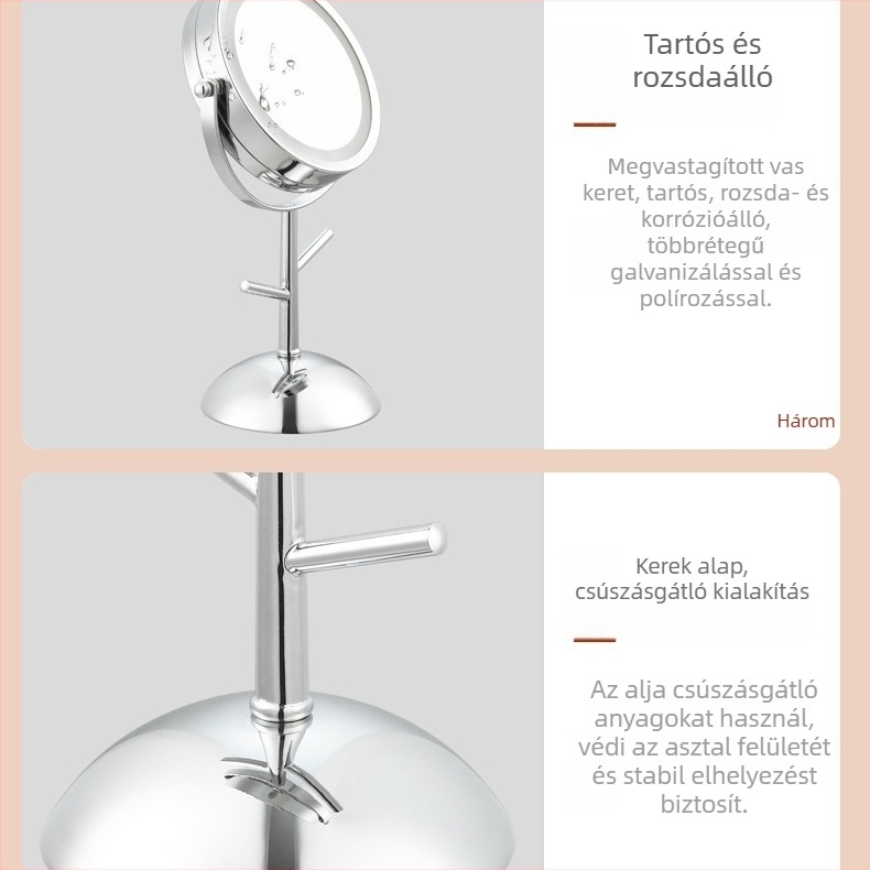 Kettős oldalú sminktükör, asztali tükör, 6 hüvelykes ezüst keret