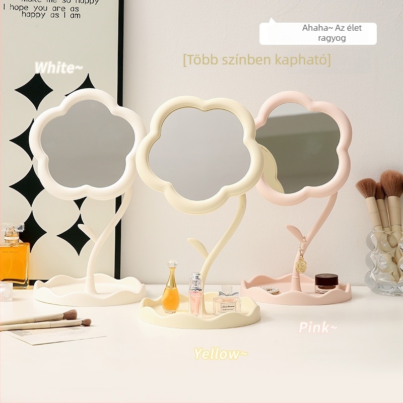 Hálószobai sminkasztal virágos dizájnnal, forgó sminktükörrel és tárolóval