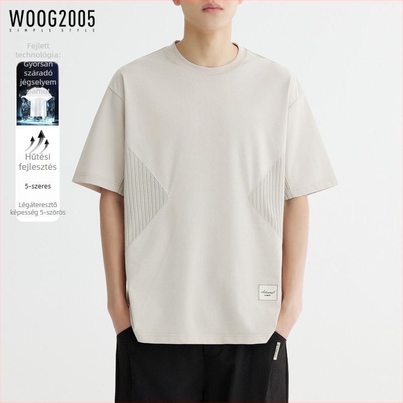Férfi gyorsan száradó T‑shirt jég-selyem pamut patchwork rövid ujjú, nyár 2026