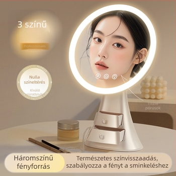 LED asztali sminktükör háromszínű világítással és két kis fiókkal