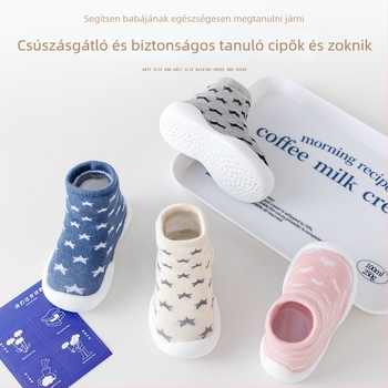Új babacipő beltéri és kültéri használatra, puha talppal, dupla zoknis felsőrész, csúszásmentes és légáteresztő.