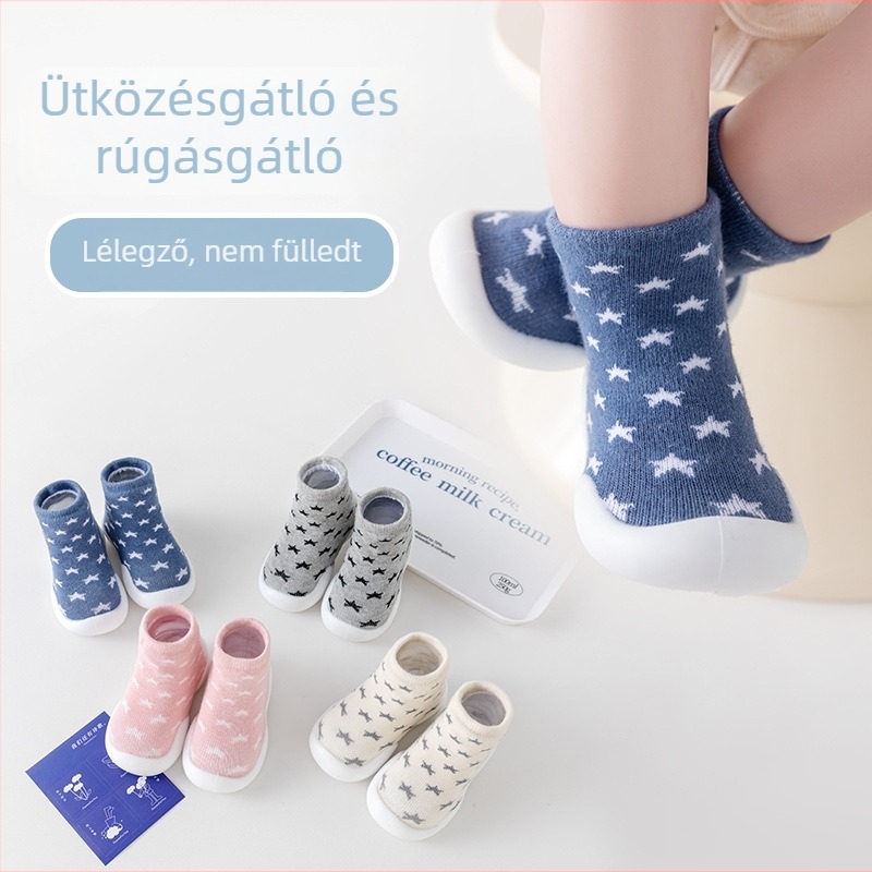 Új babacipő beltéri és kültéri használatra, puha talppal, dupla zoknis felsőrész, csúszásmentes és légáteresztő.