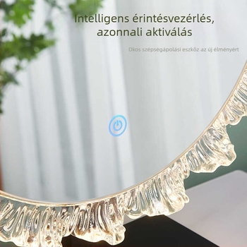Akril sminktükör beépített világítással és ambient lámpával, különleges alakú asztali sminktükör háromszínű fényváltással.