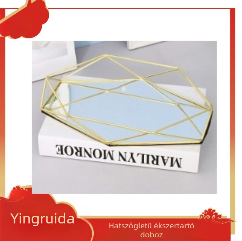 Hexagonális tükrös tál kozmetikumok és ékszerek számára, asztali tároló