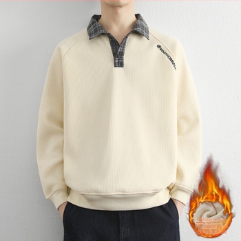 Férfi téli pulóver fleece béléssel, vastag anyagú, lehajtható gallér, hosszú ujjú