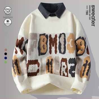 Férfi vastag kötött pulóver kapucnival, jacquard mintázattal és fleece belsővel, őszi-téli szezonra