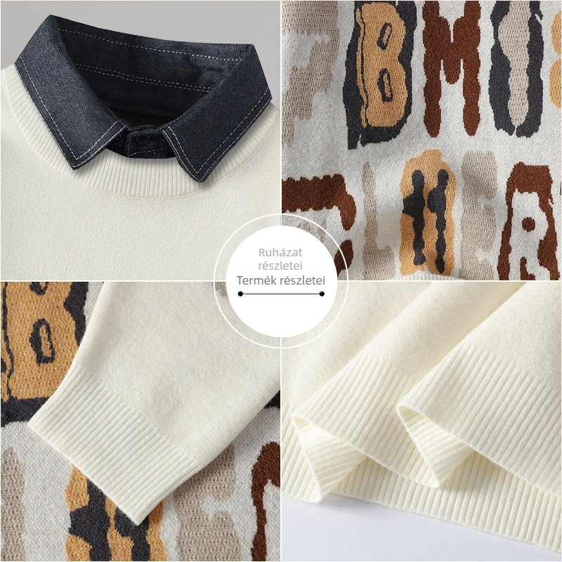 Férfi vastag kötött pulóver kapucnival, jacquard mintázattal és fleece belsővel, őszi-téli szezonra