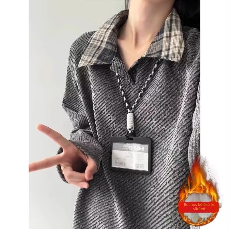 Amerikai stílusú, nehéz fleece hosszú ujjú pólóing, uniszex, téli felső, kockás paneles polo hatású