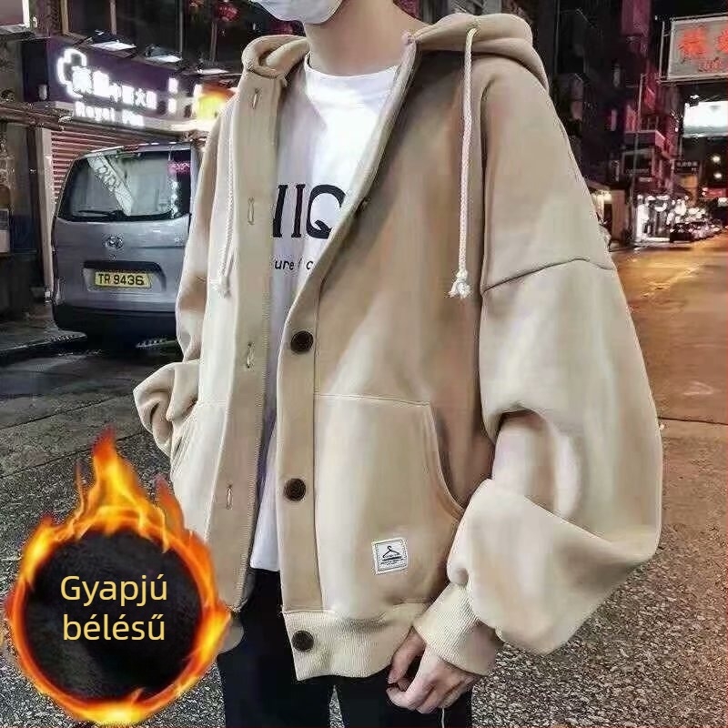 Férfi kapucnis kardigán-stílusú kabát, fleece-beléses, koreai divat, őszi-téli