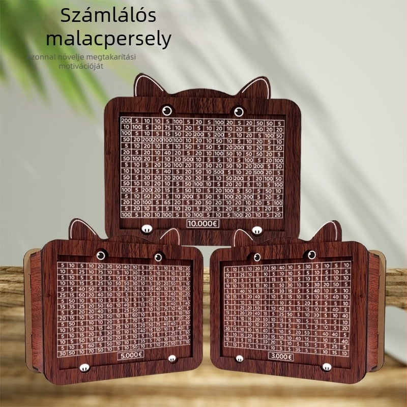 Fából készült persely számlálóval, aranyos fül-dizájnnal, otthoni dekoráció