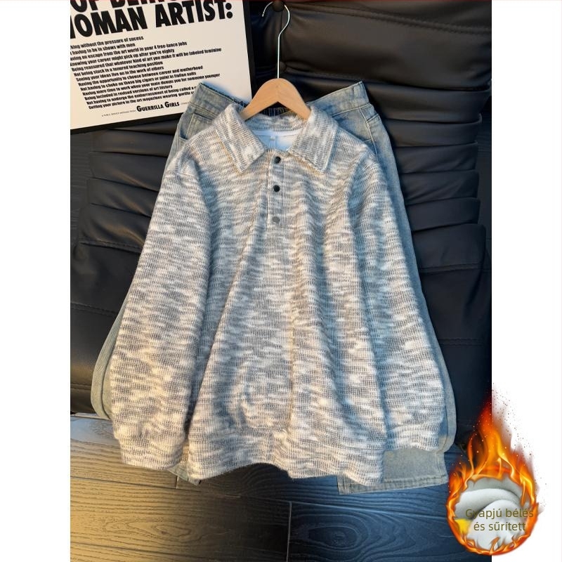 Amerikai stílusú színes polo galléros pulóver férfiaknak, vastag fleece belsővel