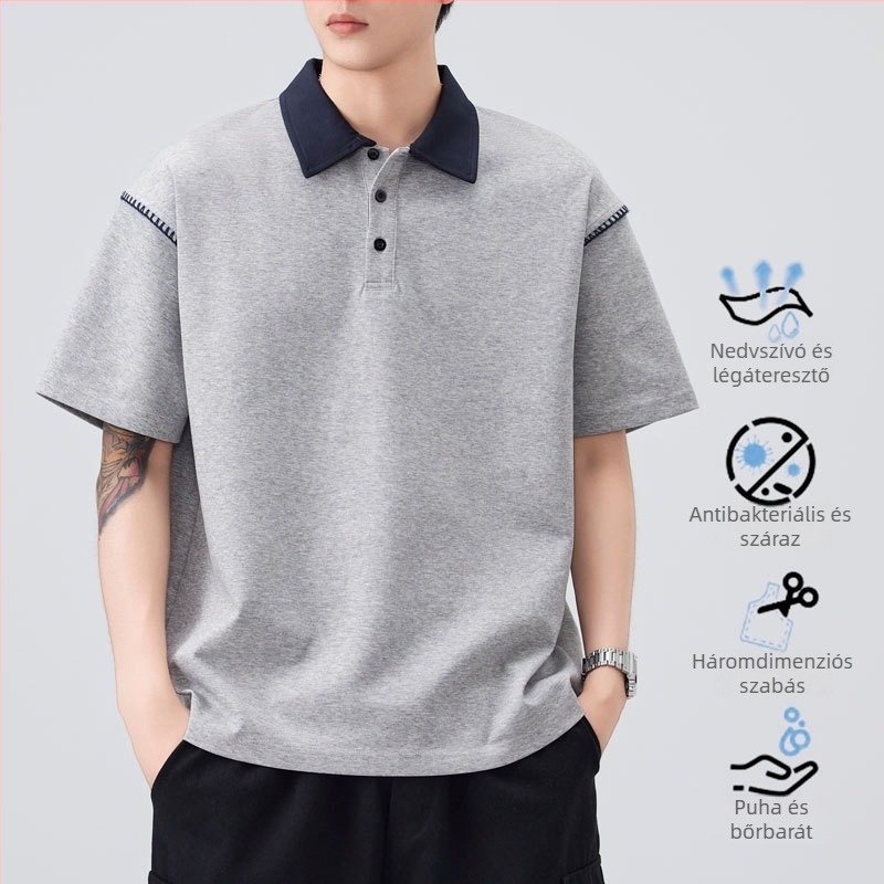 Danbani férfi polo rövid ujjú, lazított szabás, japán stílusú, egyszerű retro dizájn, nyári viselet, egyszínű