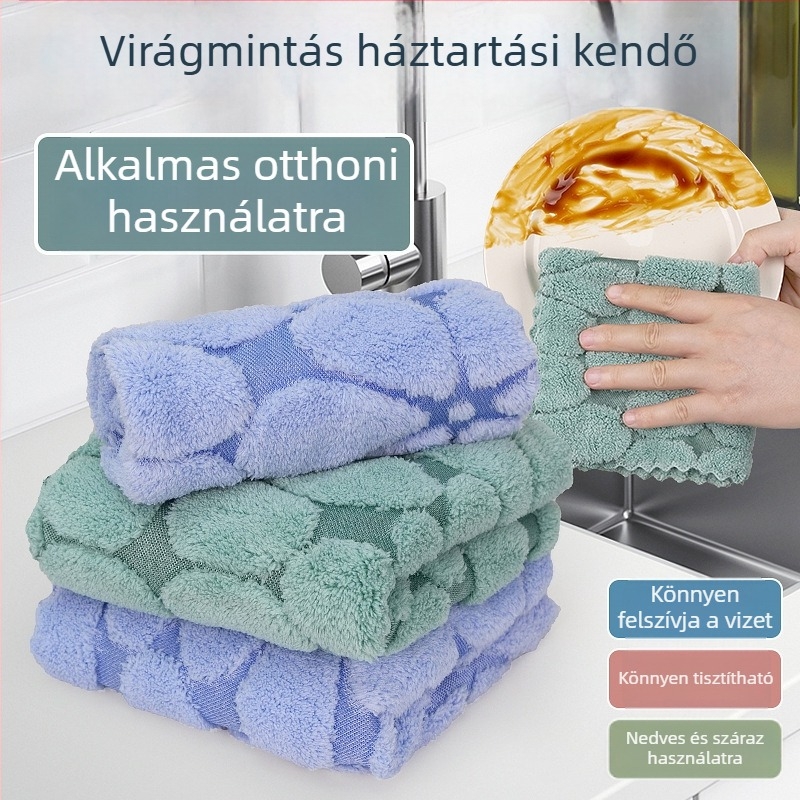 Konyhai tisztító kendő korall fleece anyagból virágmintával, rendkívül nedvszívó, vastított, száraz és nedves mosogatáshoz.