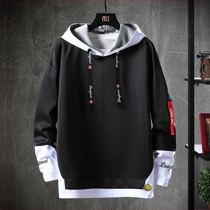 Férfi kapucnis pulóver, egyszínű, hosszú ujjú, koreai street style, fiataloknak