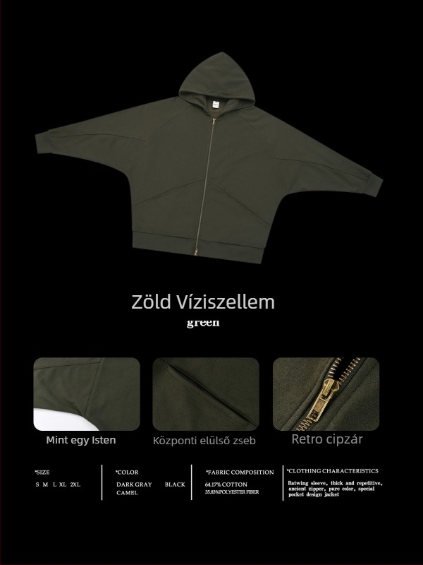 Férfi kapucnis pulóver dupla cipzárral, egyszínű, batwing ujjú, 365 g, retro kardigán kabát