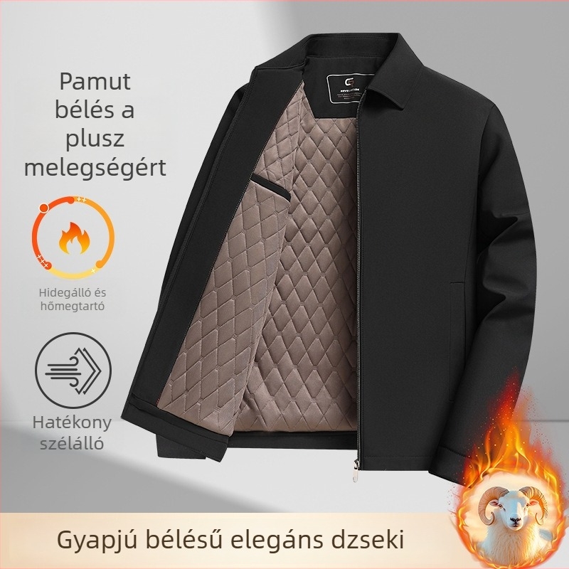 Férfi gyapjúval töltött bélelt kabát, téli üzleti stílusú, álló gallérral, cipzáras zárás