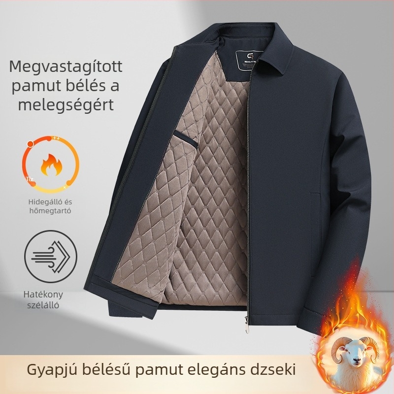 Férfi gyapjúval töltött bélelt kabát, téli üzleti stílusú, álló gallérral, cipzáras zárás