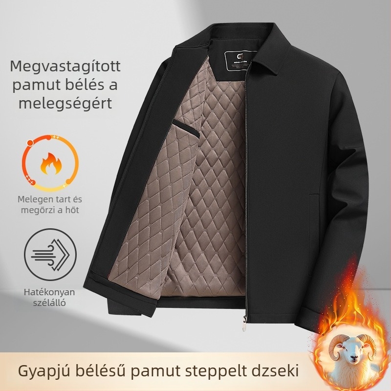 Férfi gyapjúval töltött bélelt kabát, téli üzleti stílusú, álló gallérral, cipzáras zárás