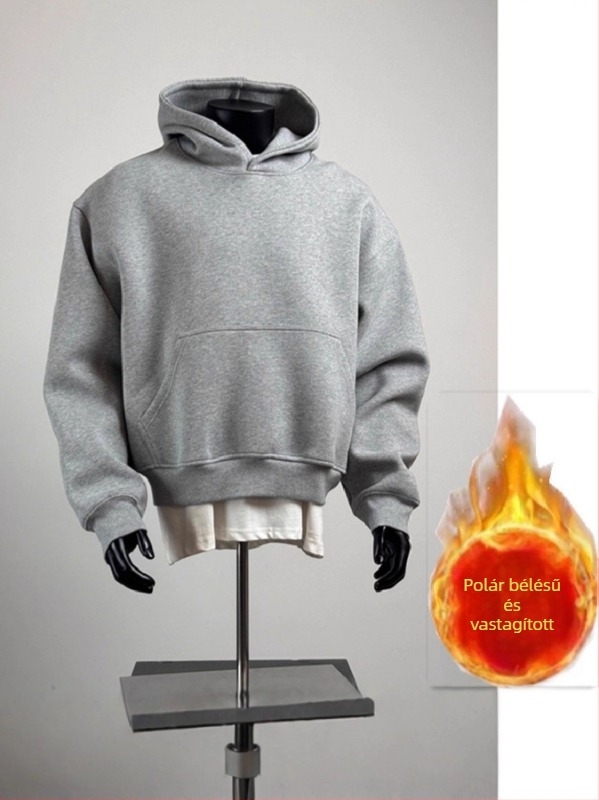 Férfi kapucnis pulóver, egyszínű, fleece-béléssel, laza boxy szabás, téli viselet