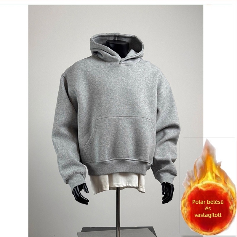 Férfi kapucnis pulóver, egyszínű, fleece-béléssel, laza boxy szabás, téli viselet