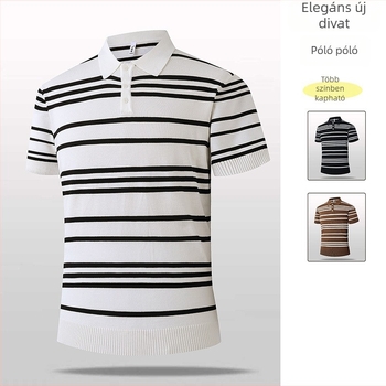 Nyári férfi üzleti kötött polo felső, csíkos, rövid ujjú, Ice Silk anyag