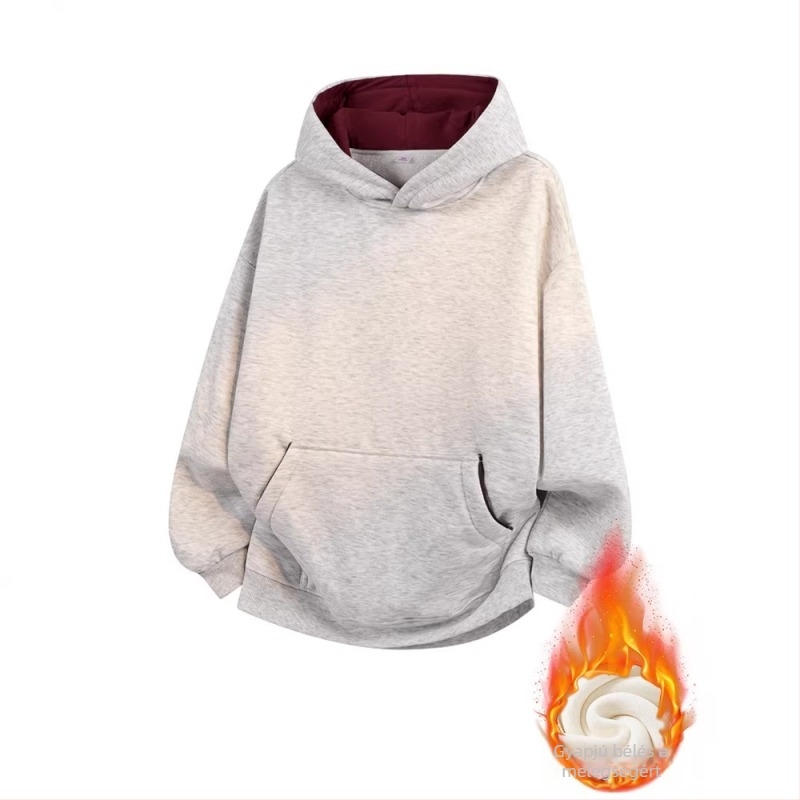 Férfiaknak és tiniknek kapucnis pulóver, vastag fleece-béléssel, egyszínű, laza szabású