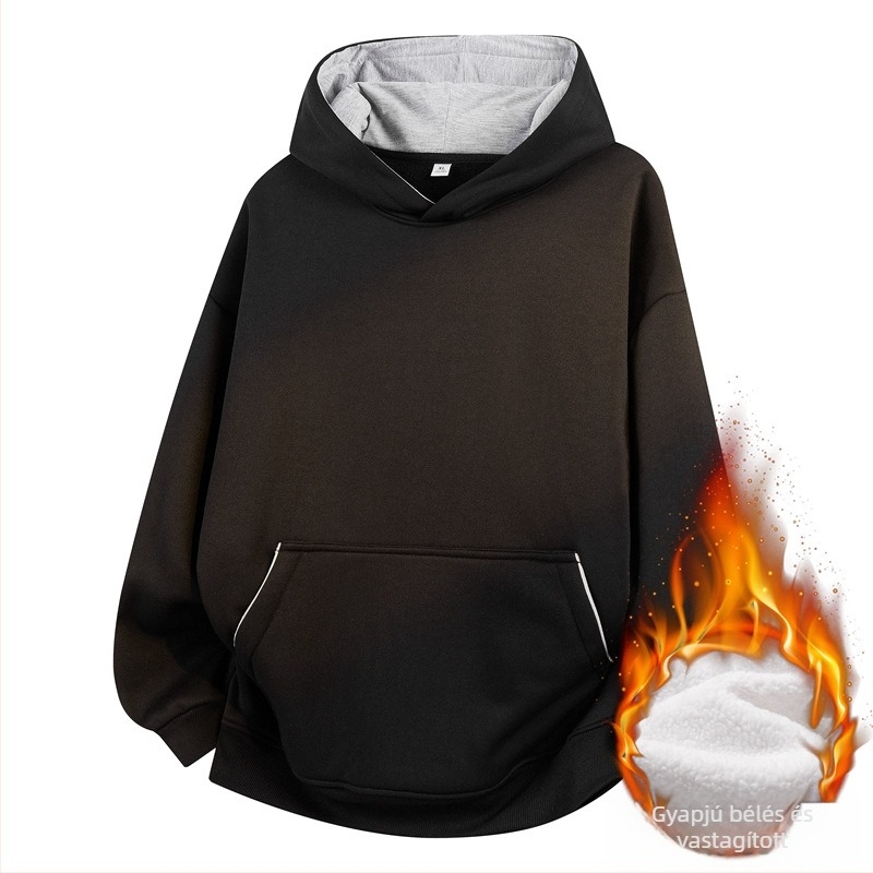 Férfiaknak és tiniknek kapucnis pulóver, vastag fleece-béléssel, egyszínű, laza szabású