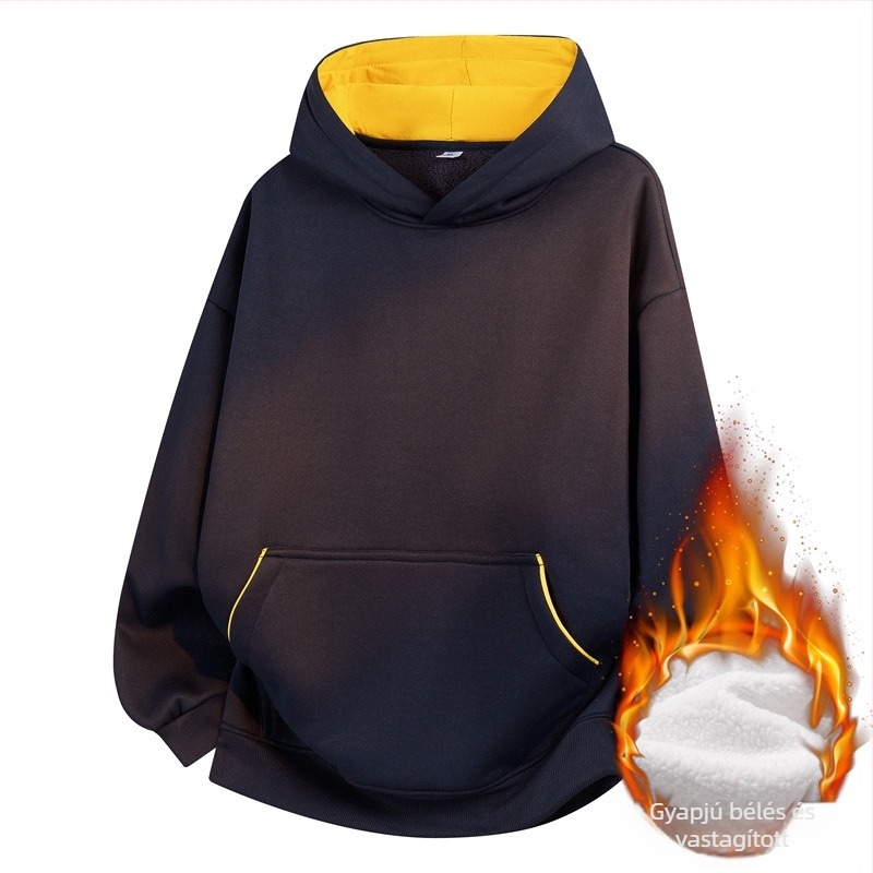 Férfiaknak és tiniknek kapucnis pulóver, vastag fleece-béléssel, egyszínű, laza szabású
