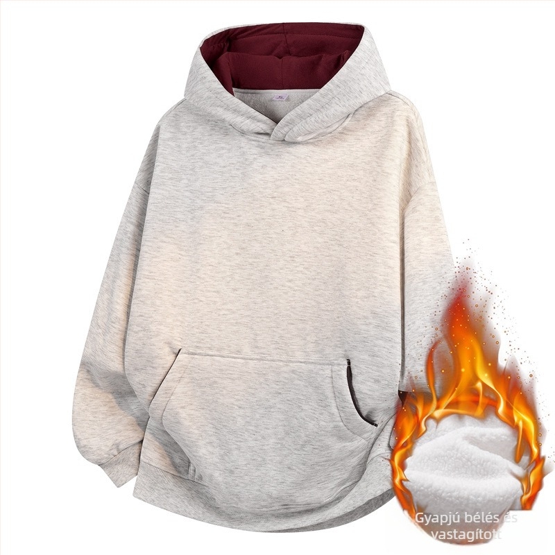 Férfiaknak és tiniknek kapucnis pulóver, vastag fleece-béléssel, egyszínű, laza szabású