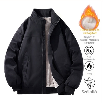 Férfi fleece-béléssel, vastag álló galléros dzseki – téli meleg, laza, minimalist stílusú, univerzális külső ruházat