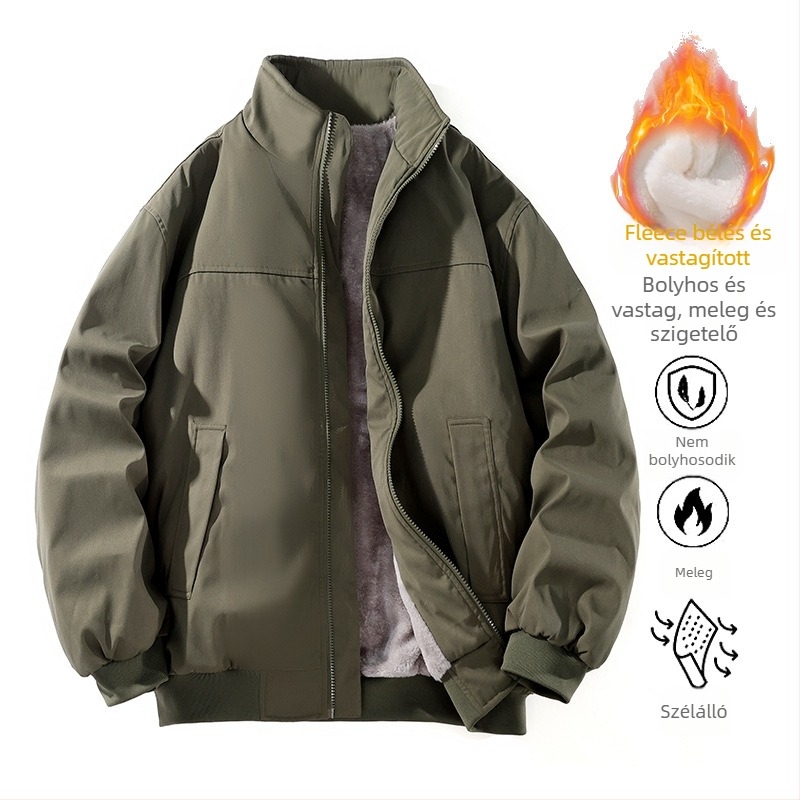 Férfi fleece-béléssel, vastag álló galléros dzseki – téli meleg, laza, minimalist stílusú, univerzális külső ruházat